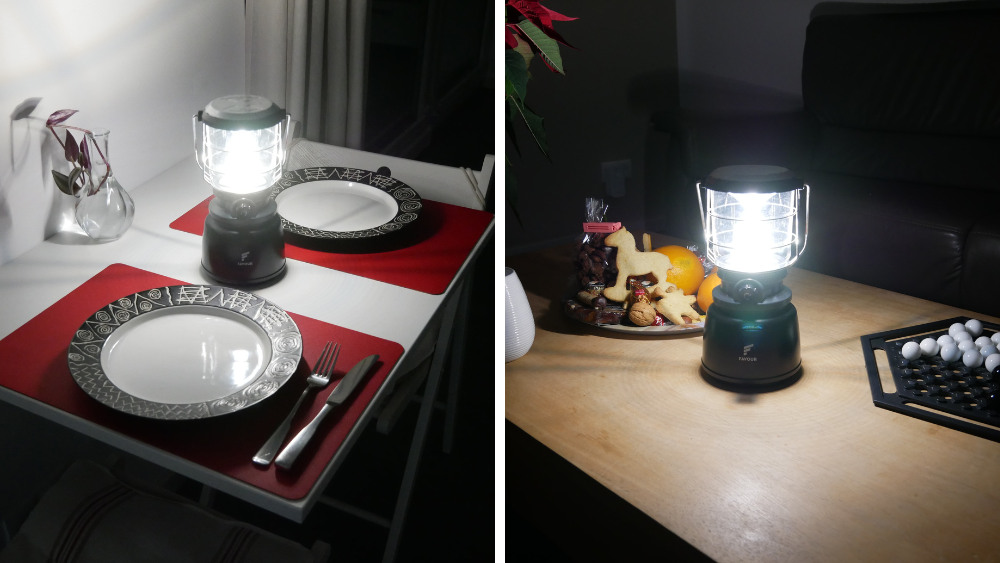 Fotos einer batteriebetriebenen Tischlampe (Laterne) auf einem Esstisch und einem Couchtisch